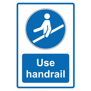 Schild Gebotzeichen Piktogramm & Text englisch · Use handrail · blau