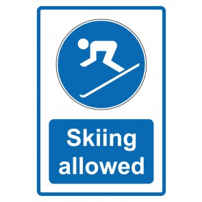 Schild Gebotzeichen Piktogramm & Text englisch · Skiing allowed · blau