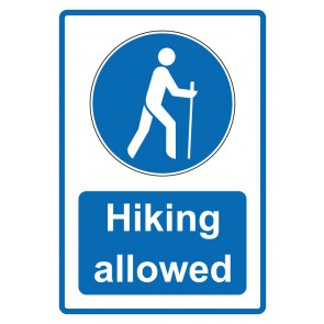 Schild Gebotzeichen Piktogramm & Text englisch · Hiking allowed · blau