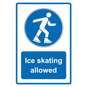 Schild Gebotzeichen Piktogramm & Text englisch · Ice skating allowed · blau