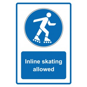 Schild Gebotzeichen Piktogramm & Text englisch · Inline skating allowed · blau