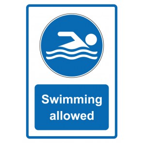 Schild Gebotszeichen Piktogramm & Text englisch · Swimming allowed · blau | selbstklebend (Gebotsschild)