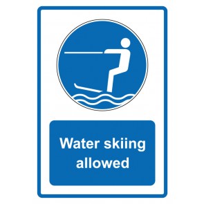 Schild Gebotzeichen Piktogramm & Text englisch · Water skiing allowed · blau (Gebotsschild)