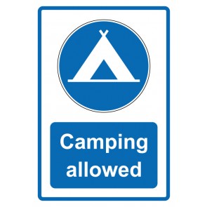 Schild Gebotzeichen Piktogramm & Text englisch · Camping allowed · blau