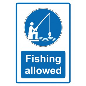 Schild Gebotzeichen Piktogramm & Text englisch · Fishing allowed · blau