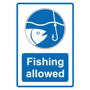 Aufkleber Gebotszeichen Piktogramm & Text englisch · Fishing allowed · blau (Gebotsaufkleber)