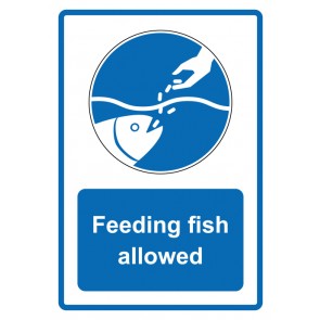 Schild Gebotzeichen Piktogramm & Text englisch · Feeding fish allowed · blau