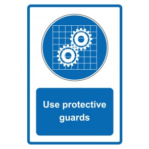 Schild Gebotzeichen Piktogramm & Text englisch · Use protective guards · blau