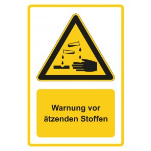 Schild Warnzeichen Piktogramm & Text deutsch · Warnung vor ätzenden Stoffen · gelb (Warnschild)