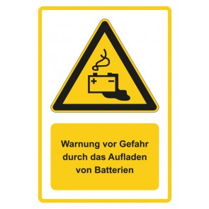 Schild Warnzeichen Piktogramm & Text deutsch · Warnung vor Gefahr durch das Aufladen von Batterien · gelb | selbstklebend