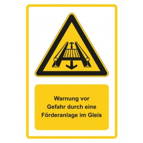 Schild Warnzeichen Piktogramm & Text deutsch · Warnung vor Gefahr durch eine Förderanlage im Gleis · gelb