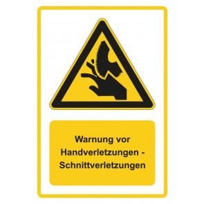 Schild Warnzeichen Piktogramm & Text deutsch · Warnung vor Handverletzungen - Schnittverletzungen · gelb | selbstklebend