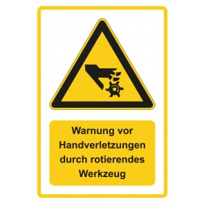 Schild Warnzeichen Piktogramm & Text deutsch · Warnung vor Handverletzungen durch rotierendes Werkzeug · gelb