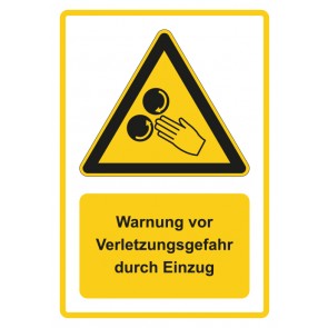 Schild Warnzeichen Piktogramm & Text deutsch · Warnung vor Verletzungsgefahr durch Einzug · gelb