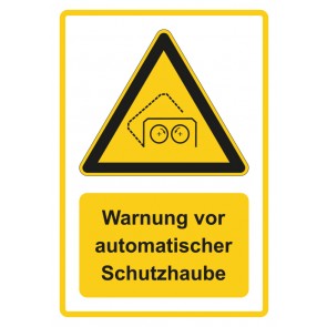 Schild Warnzeichen Piktogramm & Text deutsch · Warnung vor automatischer Schutzhaube · gelb