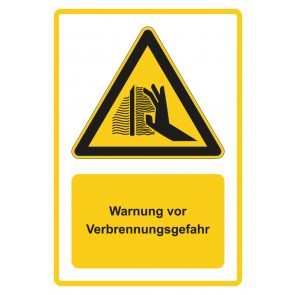 Schild Warnzeichen Piktogramm & Text deutsch · Warnung vor Verbrennungsgefahr · gelb