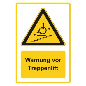 Schild Warnzeichen Piktogramm & Text deutsch · Warnung vor Treppenlift · gelb