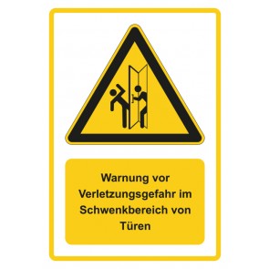 Schild Warnzeichen Piktogramm & Text deutsch · Warnung vor Verletzungsgefahr im Schwenkbereich von Türen · gelb