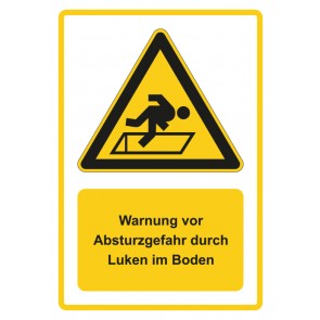 Magnetschild Warnzeichen Piktogramm & Text deutsch · Warnung vor Absturzgefahr durch Luken im Boden · gelb