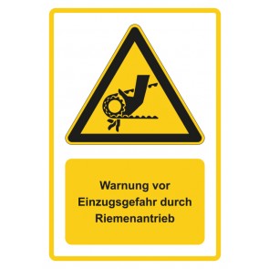 Magnetschild Warnzeichen Piktogramm & Text deutsch · Warnung vor Einzugsgefahr durch Riemenantrieb · gelb