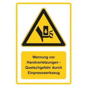 Schild Warnzeichen Piktogramm & Text deutsch · Warnung vor Handverletzungen - Quetschgefahr durch Einpresswerkzeug · gelb