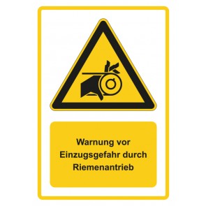 Schild Warnzeichen Piktogramm & Text deutsch · Warnung vor Einzugsgefahr durch Riemenantrieb · gelb | selbstklebend