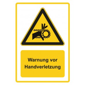 Schild Warnzeichen Piktogramm & Text deutsch · Warnung vor Handverletzung · gelb