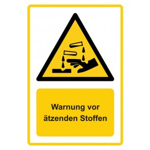 Schild Warnzeichen Piktogramm & Text deutsch · Warnung vor ätzenden Stoffen · ISO_7010_W023 · gelb
