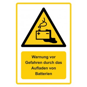 Schild Warnzeichen Piktogramm & Text deutsch · Warnung vor Gefahren durch das Aufladen von Batterien · ISO_7010_W026 · gelb | selbstklebend
