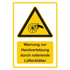 Schild Warnzeichen Piktogramm & Text deutsch · Warnung vor Handverletzung durch rotierende Lüfterblätter · gelb