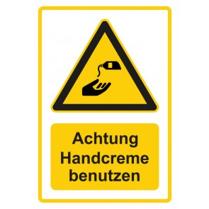 Schild Warnzeichen Piktogramm & Text deutsch · Hinweiszeichen Achtung, Handcreme benutzen · gelb