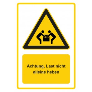 Aufkleber Warnzeichen Piktogramm & Text deutsch · Hinweiszeichen Achtung, Last nicht alleine heben · gelb | stark haftend
