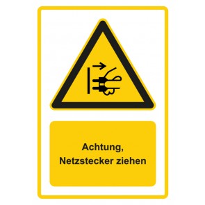 Schild Warnzeichen Piktogramm & Text deutsch · Hinweiszeichen Achtung, Netzstecker ziehen · gelb | selbstklebend