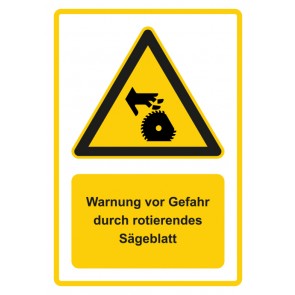 Schild Warnzeichen Piktogramm & Text deutsch · Warnung vor Gefahr durch rotierendes Sägeblatt · gelb