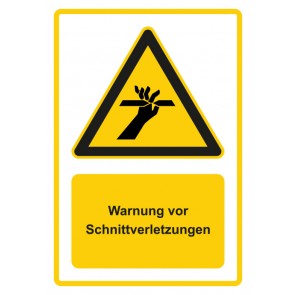 Schild Warnzeichen Piktogramm & Text deutsch · Warnung vor Schnittverletzungen · gelb