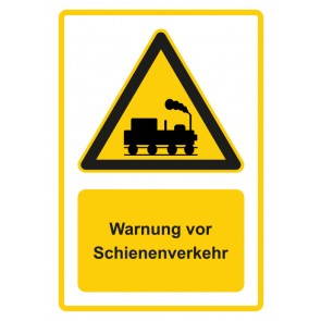 Schild Warnzeichen Piktogramm & Text deutsch · Warnung vor Schienenverkehr · gelb