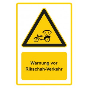 Schild Warnzeichen Piktogramm & Text deutsch · Warnung vor Rikschah-Verkehr · gelb