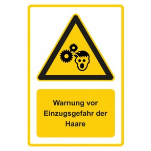 Schild Warnzeichen Piktogramm & Text deutsch · Warnung vor Einzugsgefahr der Haare · gelb