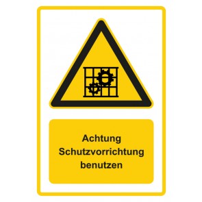 Schild Warnzeichen Piktogramm & Text deutsch · Hinweiszeichen Achtung, Schutzvorrichtung benutzen · gelb