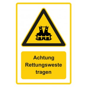 Aufkleber Warnzeichen Piktogramm & Text deutsch · Hinweiszeichen Achtung, Rettungsweste tragen · gelb