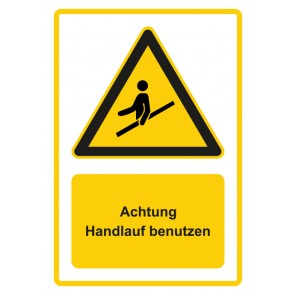 Aufkleber Warnzeichen Piktogramm & Text deutsch · Hinweiszeichen Achtung, Handlauf benutzen · gelb
