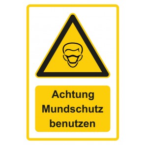 Aufkleber Warnzeichen Piktogramm & Text deutsch · Hinweiszeichen Achtung, Mundschutz benutzen · gelb | stark haftend