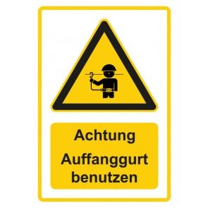 Schild Warnzeichen Piktogramm & Text deutsch · Hinweiszeichen Achtung, Auffanggurt benutzen · gelb | selbstklebend