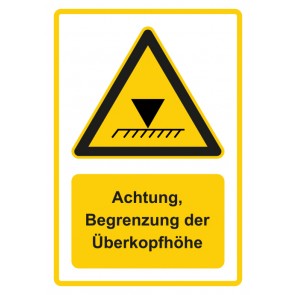 Aufkleber Warnzeichen Piktogramm & Text deutsch · Hinweiszeichen Achtung, Begrenzung der Überkopfhöhe · gelb | stark haftend