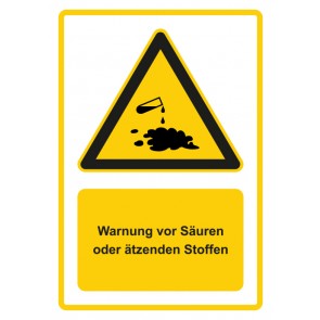 Schild Warnzeichen Piktogramm & Text deutsch · Warnung vor Säuren oder ätzenden Stoffen · gelb
