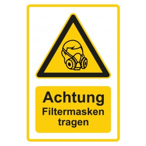 Aufkleber Warnzeichen Piktogramm & Text deutsch · Hinweiszeichen Achtung, Filtermasken tragen · gelb