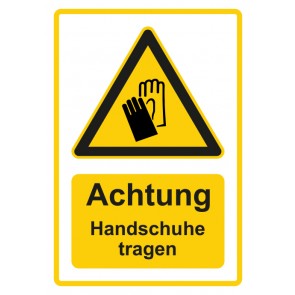 Schild Warnzeichen Piktogramm & Text deutsch · Hinweiszeichen Achtung, Handschuhe tragen · gelb | selbstklebend