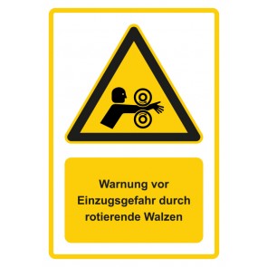 Aufkleber Warnzeichen Piktogramm & Text deutsch · Warnung vor Einzugsgefahr durch rotierende Walzen · gelb