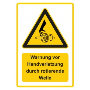 Aufkleber Warnzeichen Piktogramm & Text deutsch · Warnung vor Handverletzung durch rotierende Welle · gelb