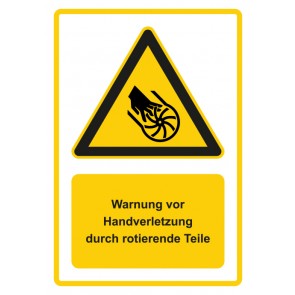 Schild Warnzeichen Piktogramm & Text deutsch · Warnung vor Handverletzung durch rotierende Teile · gelb | selbstklebend